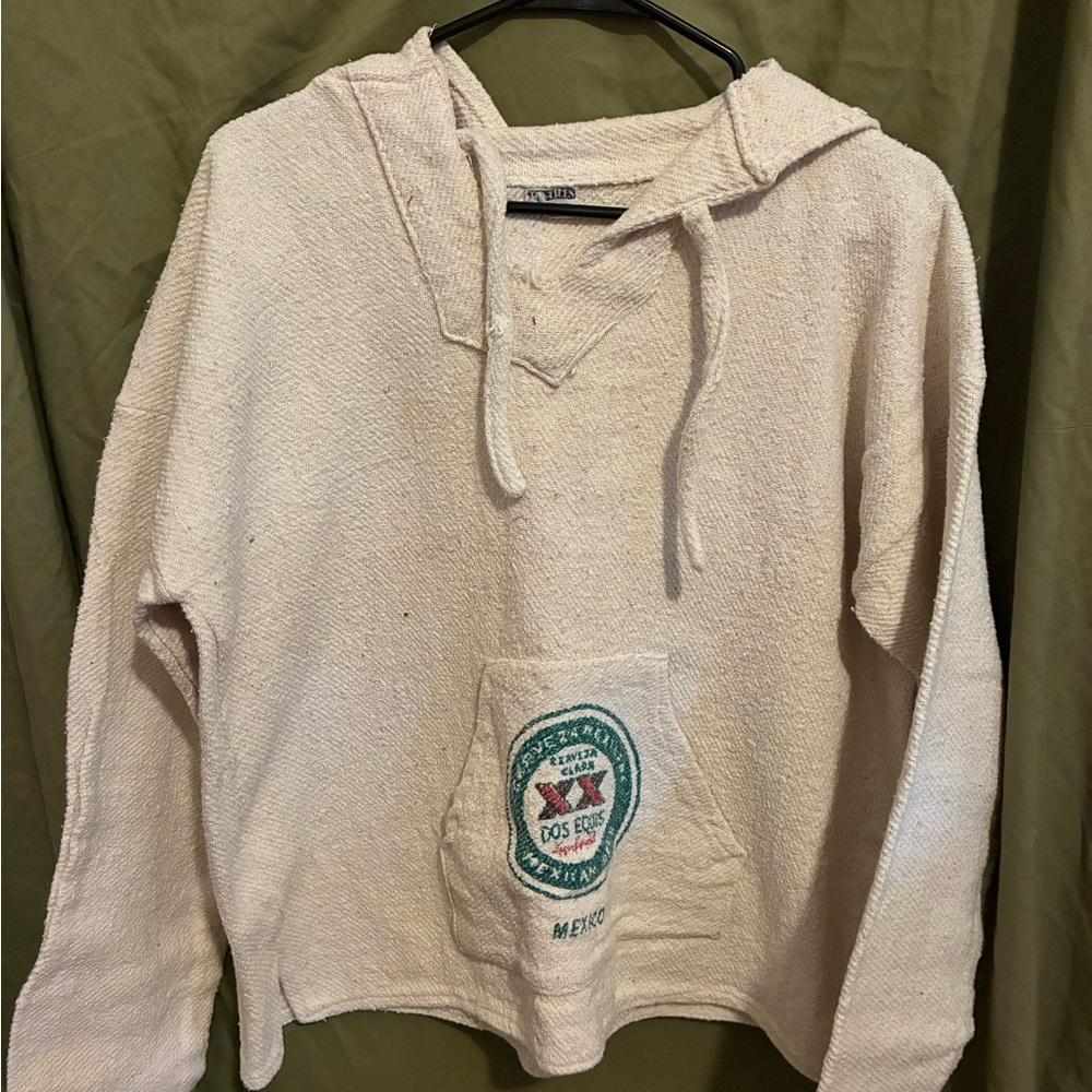 Casual Cream V-Neck Sweater with Hood